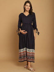 Navy Blue Printed Rayon Maternity Dress