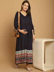Navy Blue Printed Rayon Maternity Dress