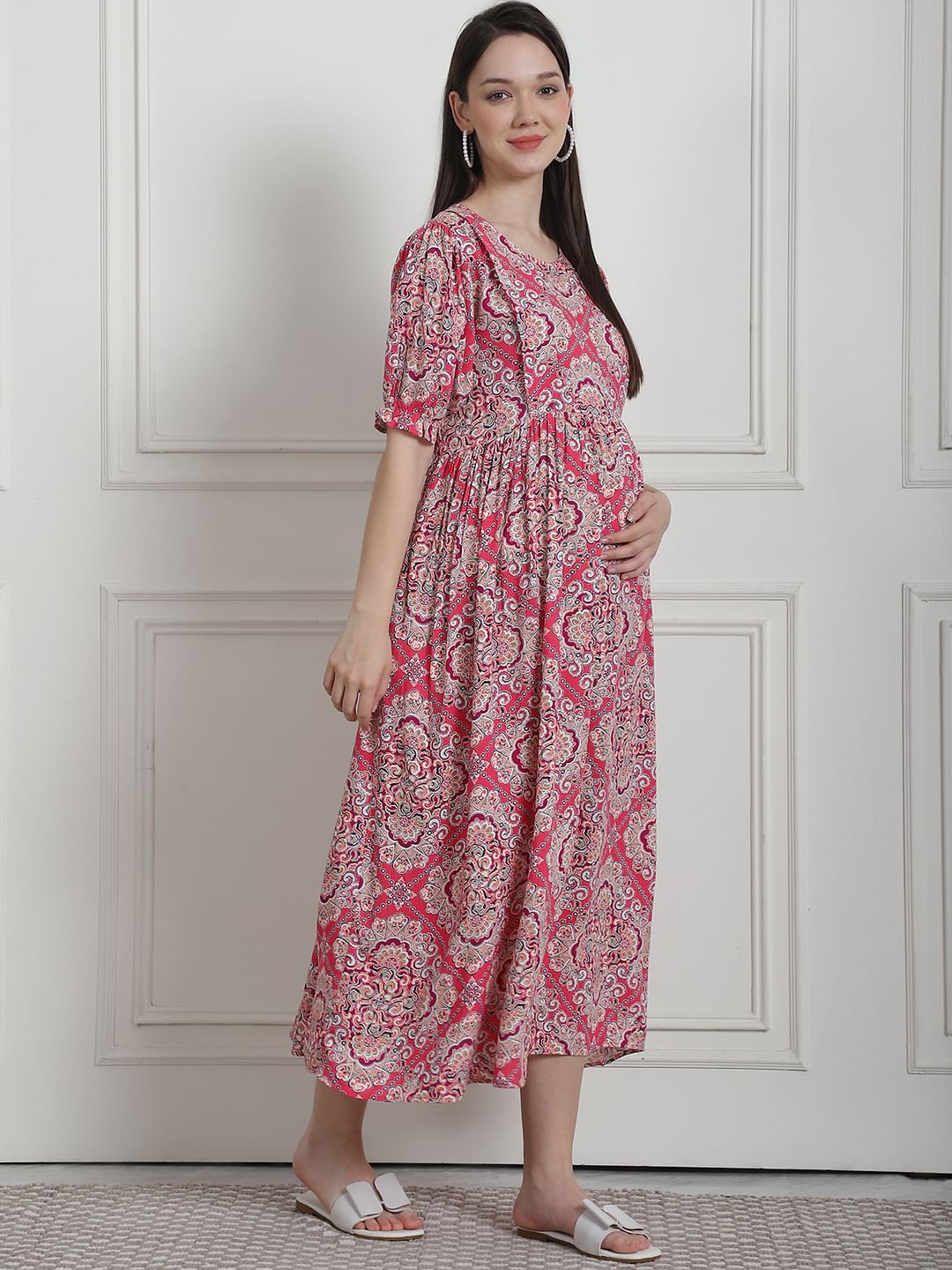 Geometric Print Pink Rayon Maternity Nightdress