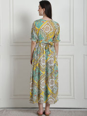 Geometric Print Yellow Rayon Maternity Nightdress