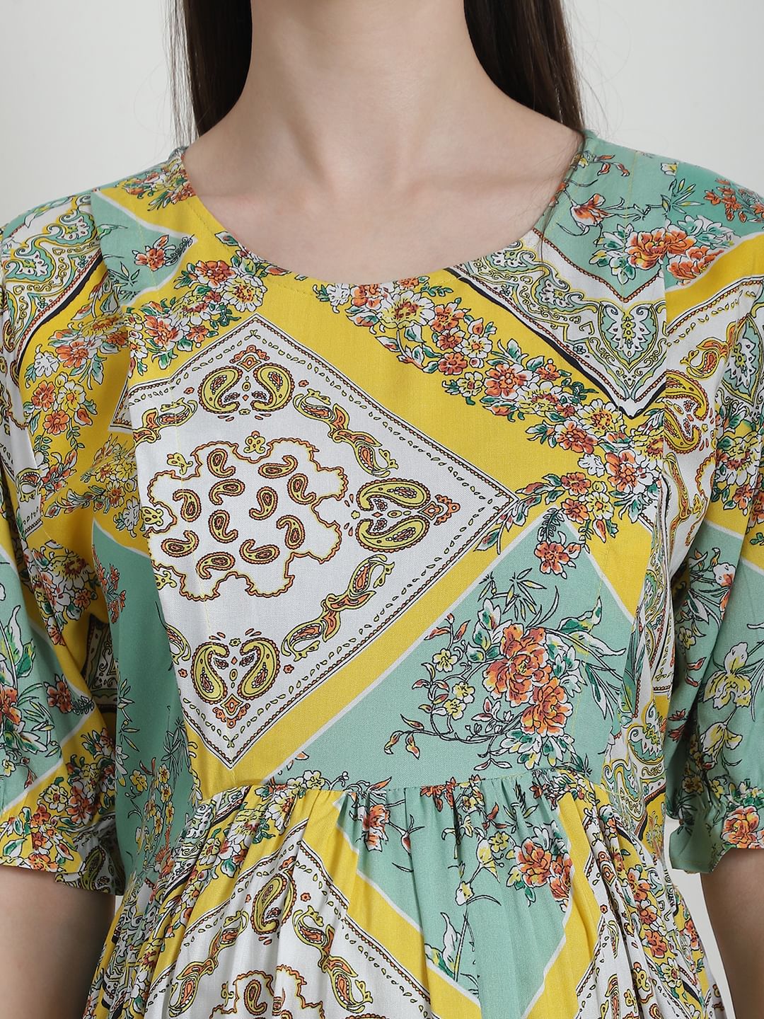Geometric Print Yellow Rayon Maternity Nightdress