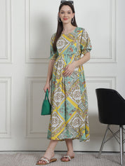 Geometric Print Yellow Rayon Maternity Nightdress