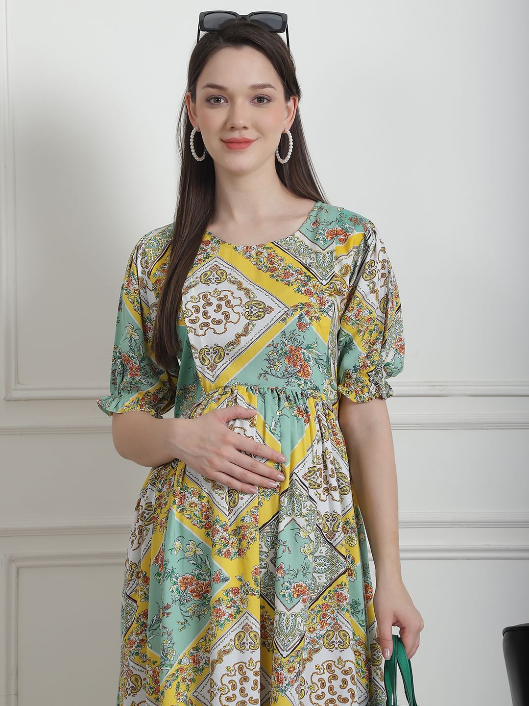 Geometric Print Yellow Rayon Maternity Nightdress