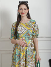 Geometric Print Yellow Rayon Maternity Nightdress
