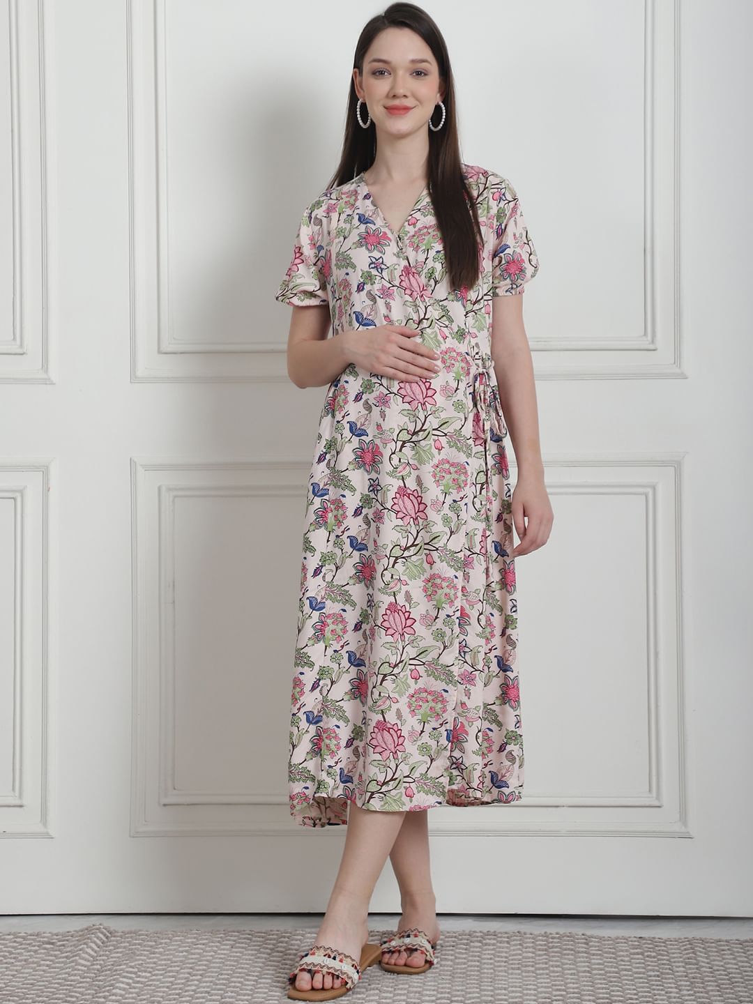 Floral Print Beige Rayon Maternity Nightdress