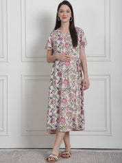 Floral Print Beige Rayon Maternity Nightdress