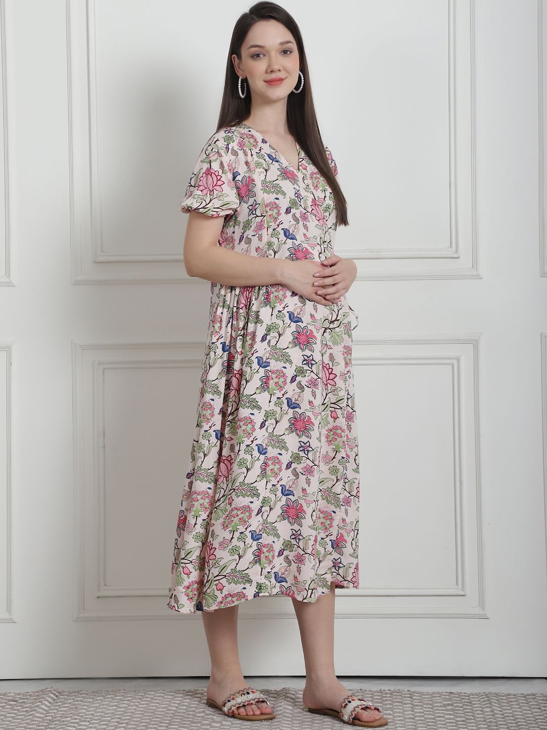 Floral Print Beige Rayon Maternity Nightdress