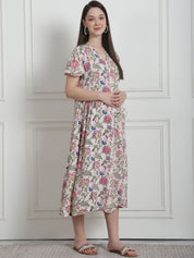 Floral Print Beige Rayon Maternity Nightdress