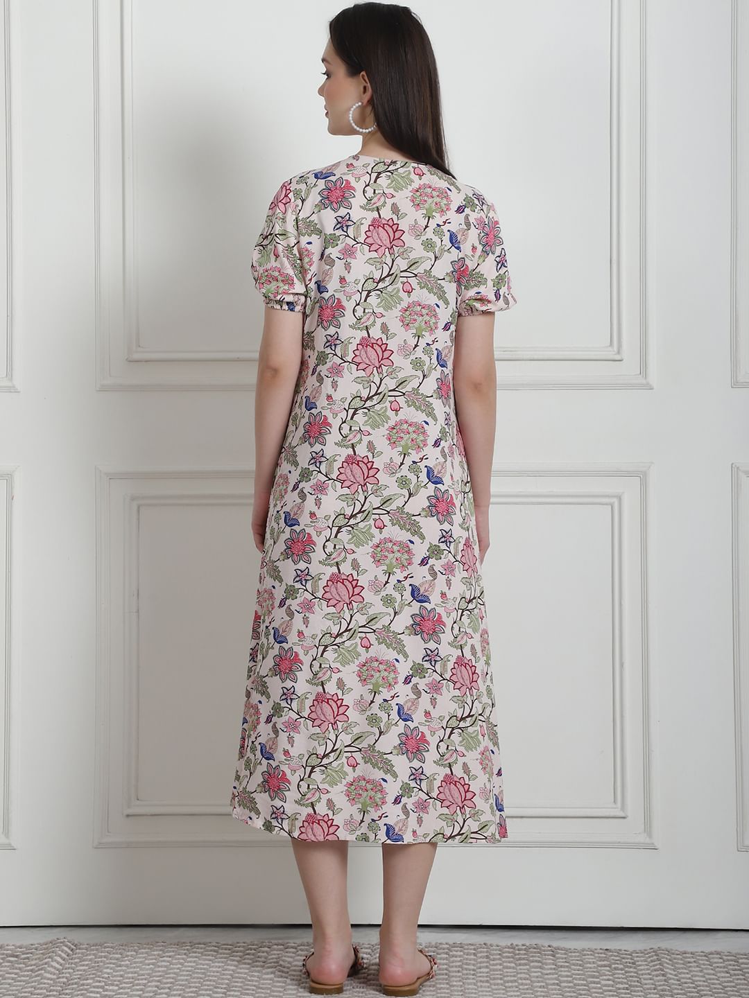 Floral Print Beige Rayon Maternity Nightdress