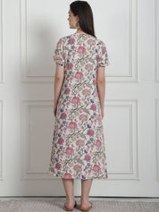 Floral Print Beige Rayon Maternity Nightdress