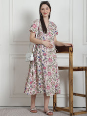 Floral Print Beige Rayon Maternity Nightdress