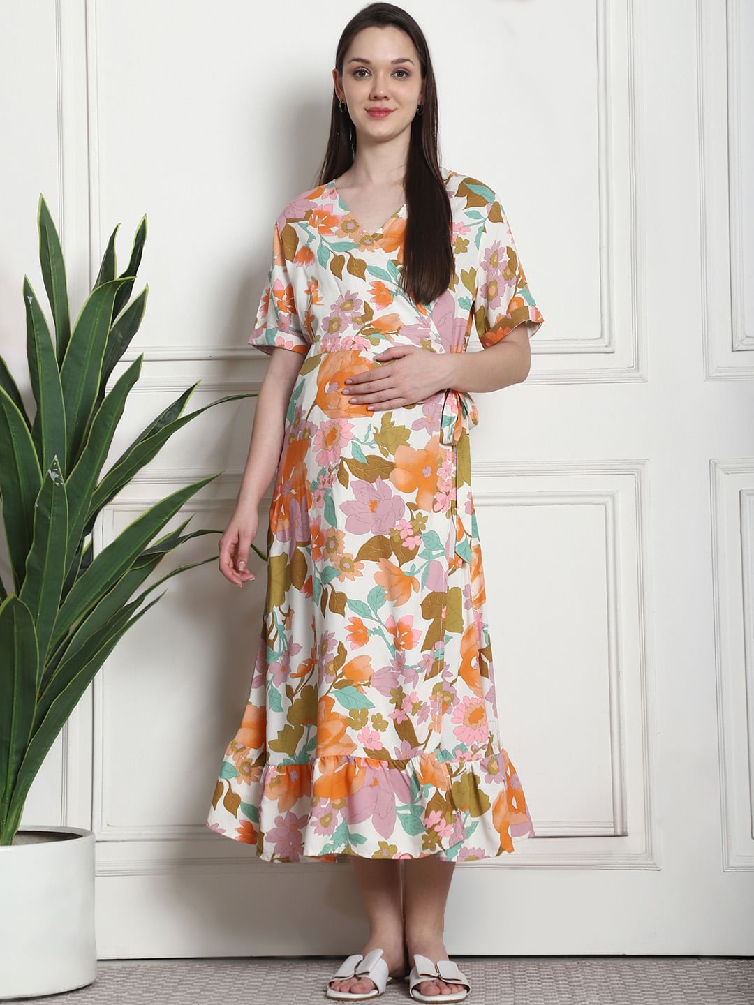 Floral Print Multi Rayon Maternity Wrap Dress