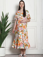 Floral Print Multi Rayon Maternity Wrap Dress