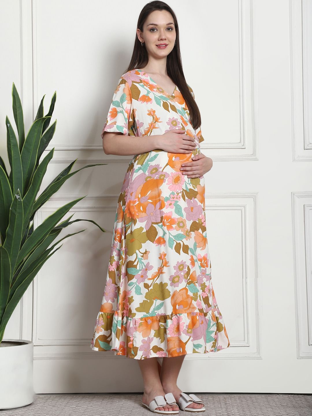 Floral Print Multi Rayon Maternity Wrap Dress