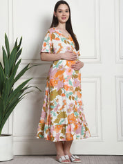 Floral Print Multi Rayon Maternity Wrap Dress