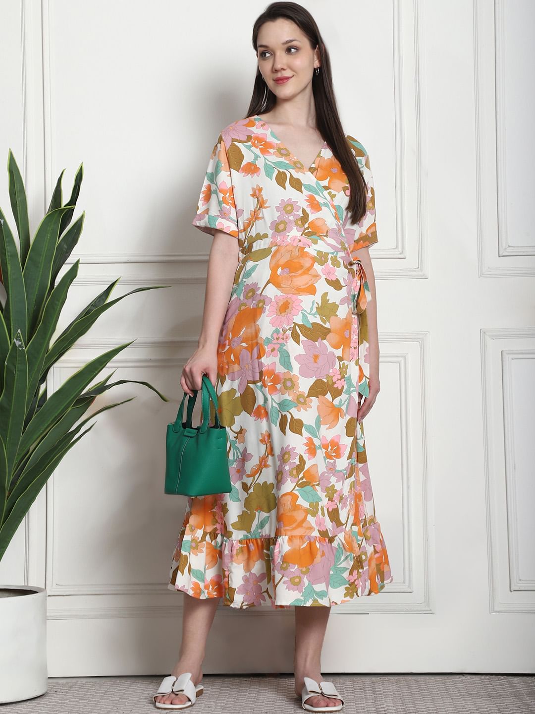 Floral Print Multi Rayon Maternity Wrap Dress