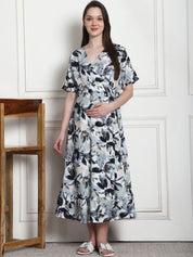 Floral Print Black Rayon Maternity Wrap Dress
