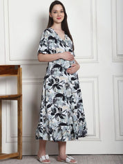 Floral Print Black Rayon Maternity Wrap Dress