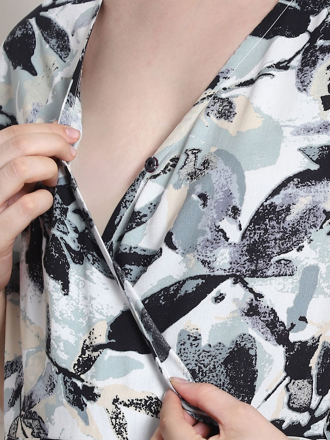 Floral Print Black Rayon Maternity Wrap Dress