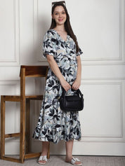 Floral Print Black Rayon Maternity Wrap Dress