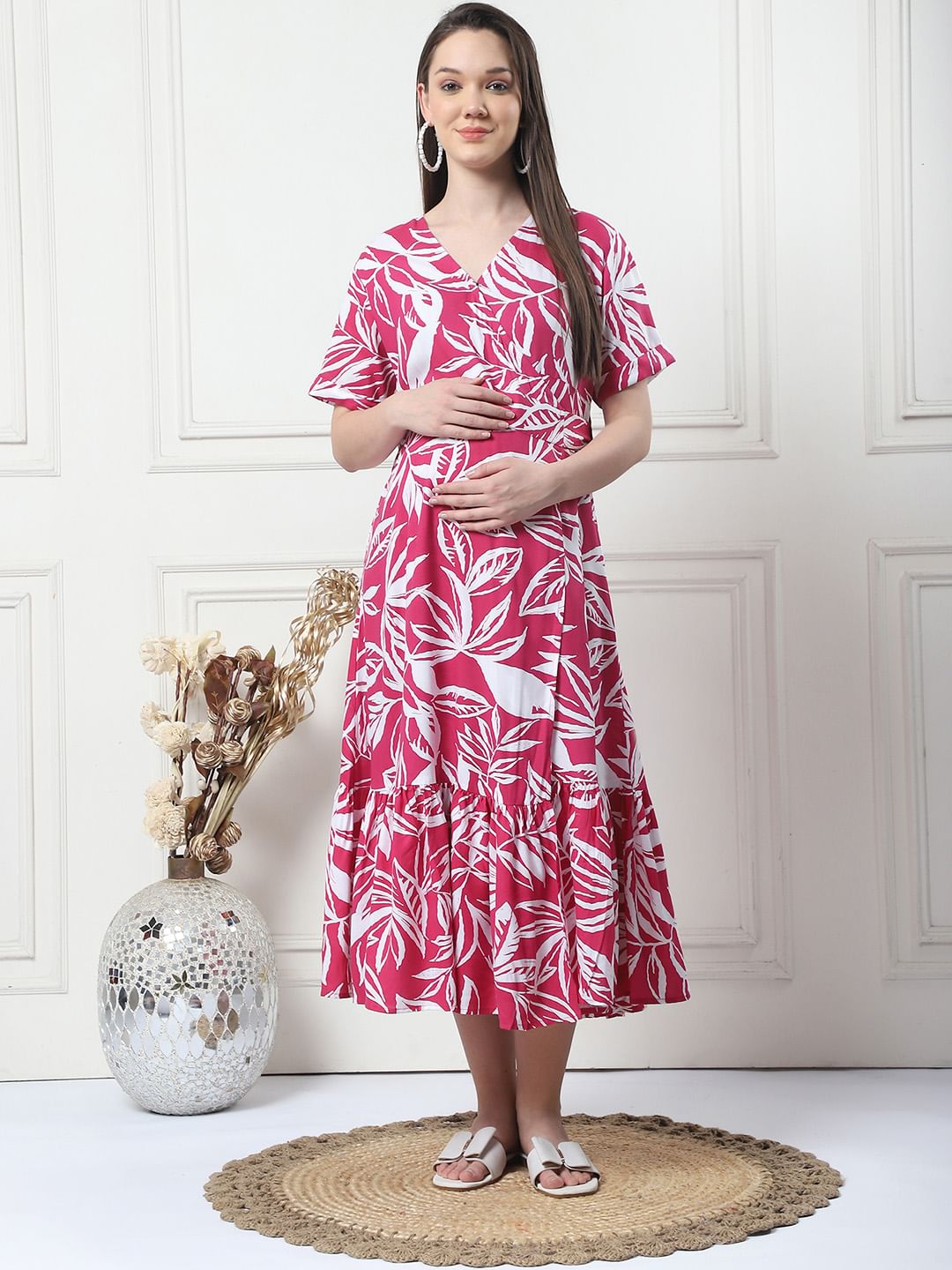 Floral Print Pink Rayon Maternity Wrap Dress