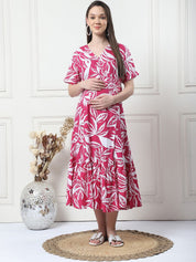 Floral Print Pink Rayon Maternity Wrap Dress