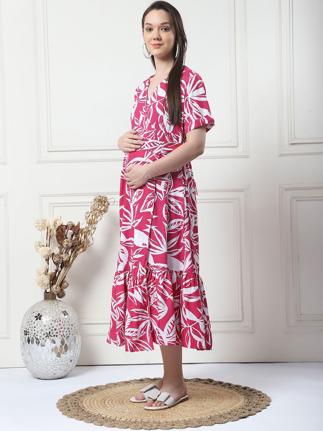 Floral Print Pink Rayon Maternity Wrap Dress