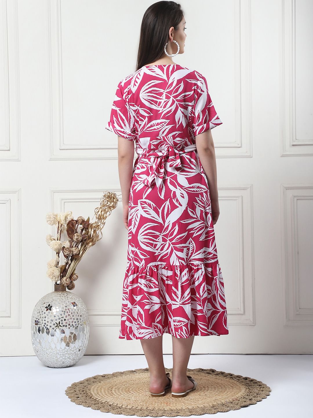 Floral Print Pink Rayon Maternity Wrap Dress