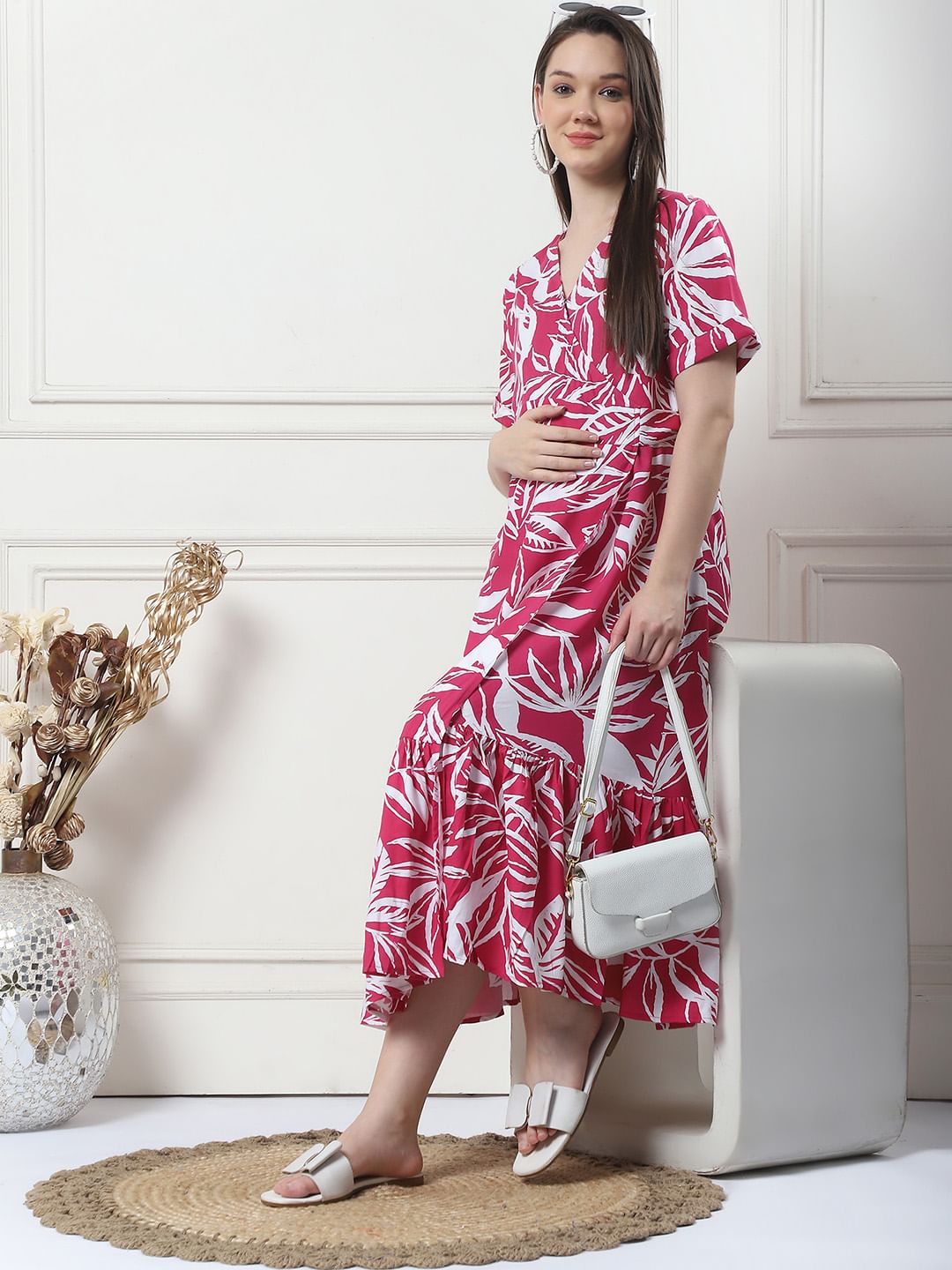 Floral Print Pink Rayon Maternity Wrap Dress
