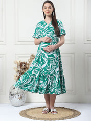 Floral Print Green Rayon Maternity Wrap Dress