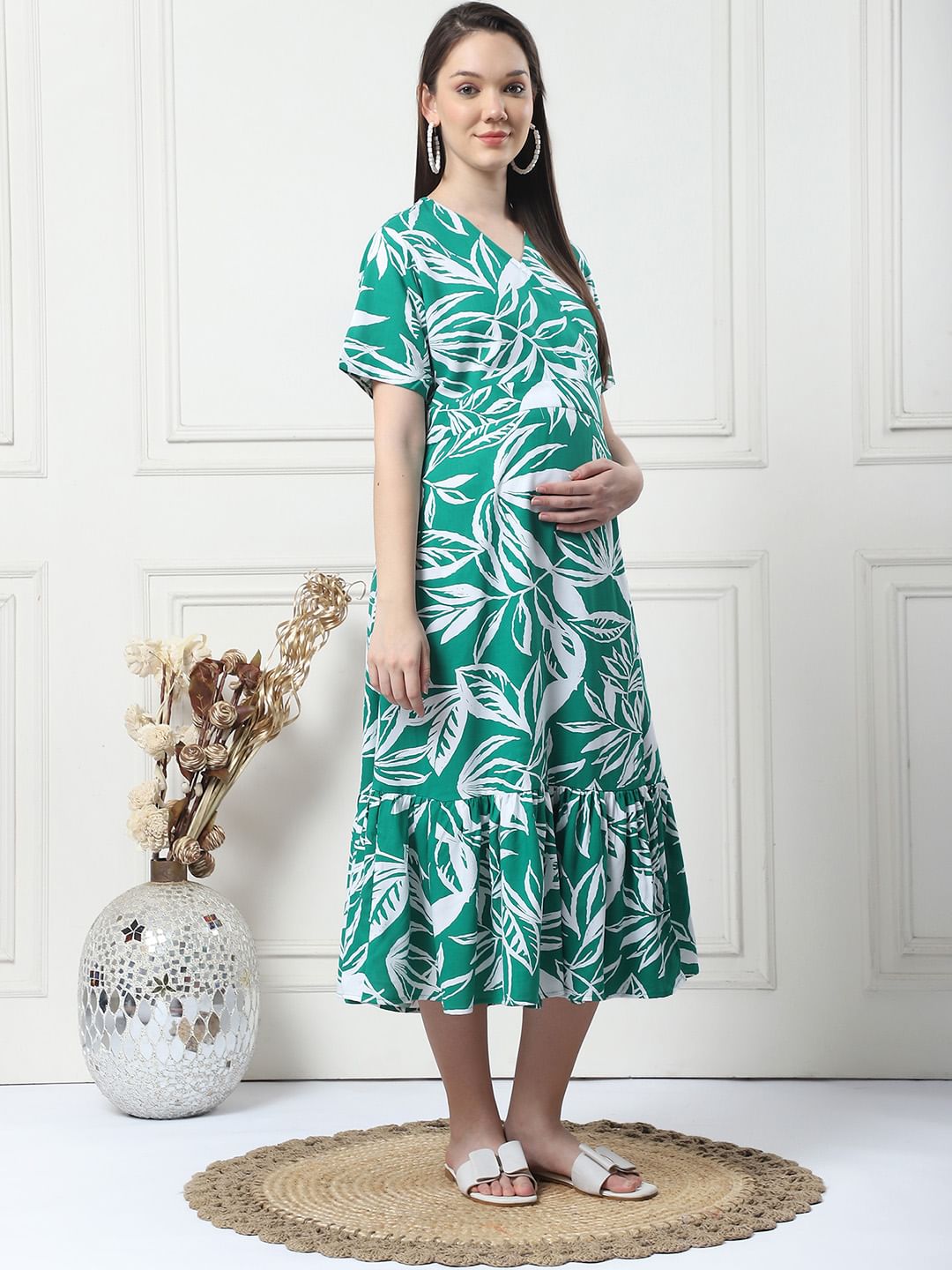 Floral Print Green Rayon Maternity Wrap Dress