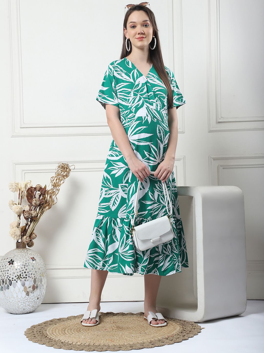 Floral Print Green Rayon Maternity Wrap Dress