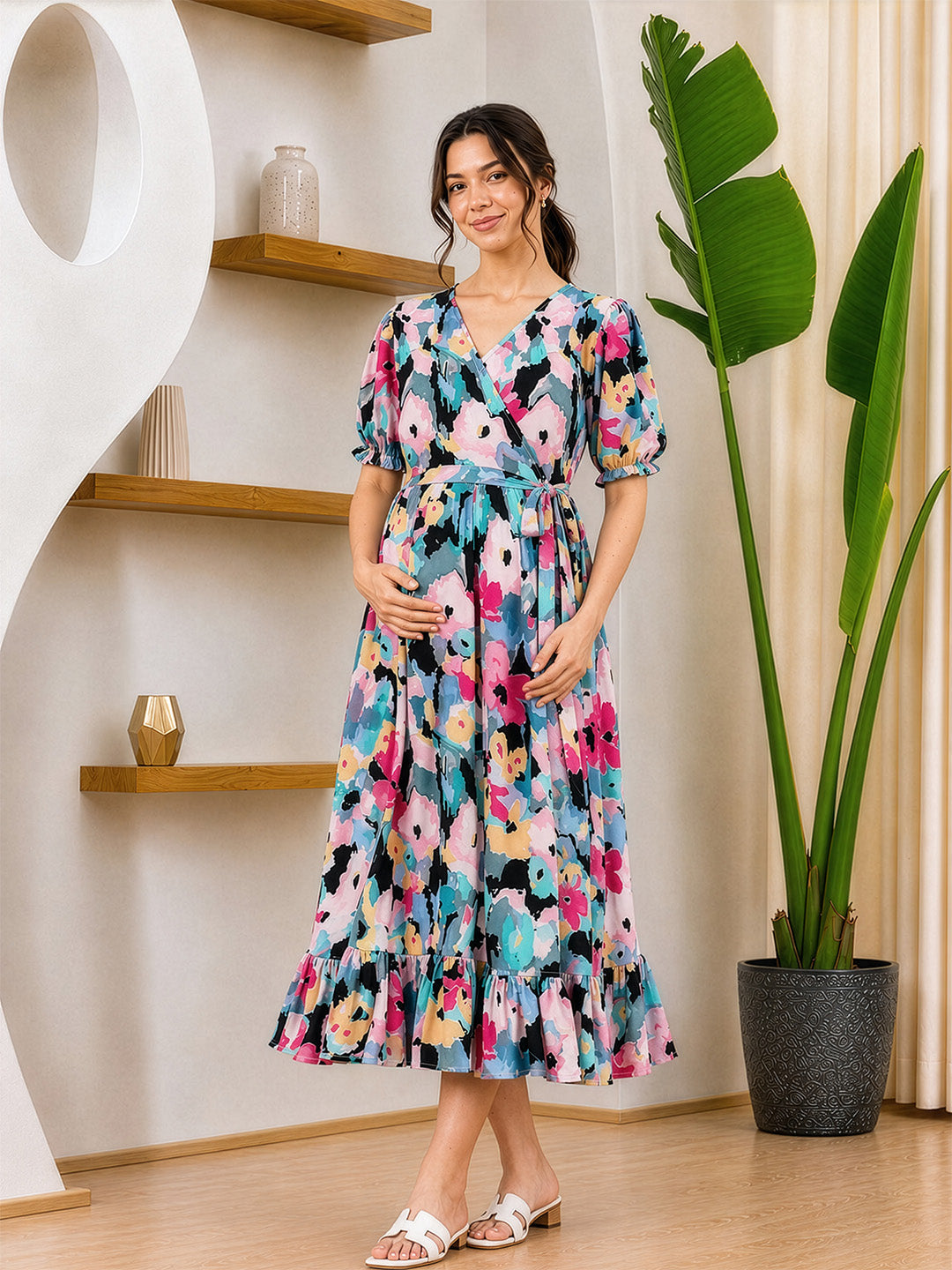 Floral Print Multi Rayon Maternity Wrap Dress