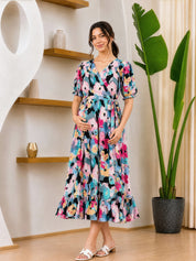 Floral Print Multi Rayon Maternity Wrap Dress
