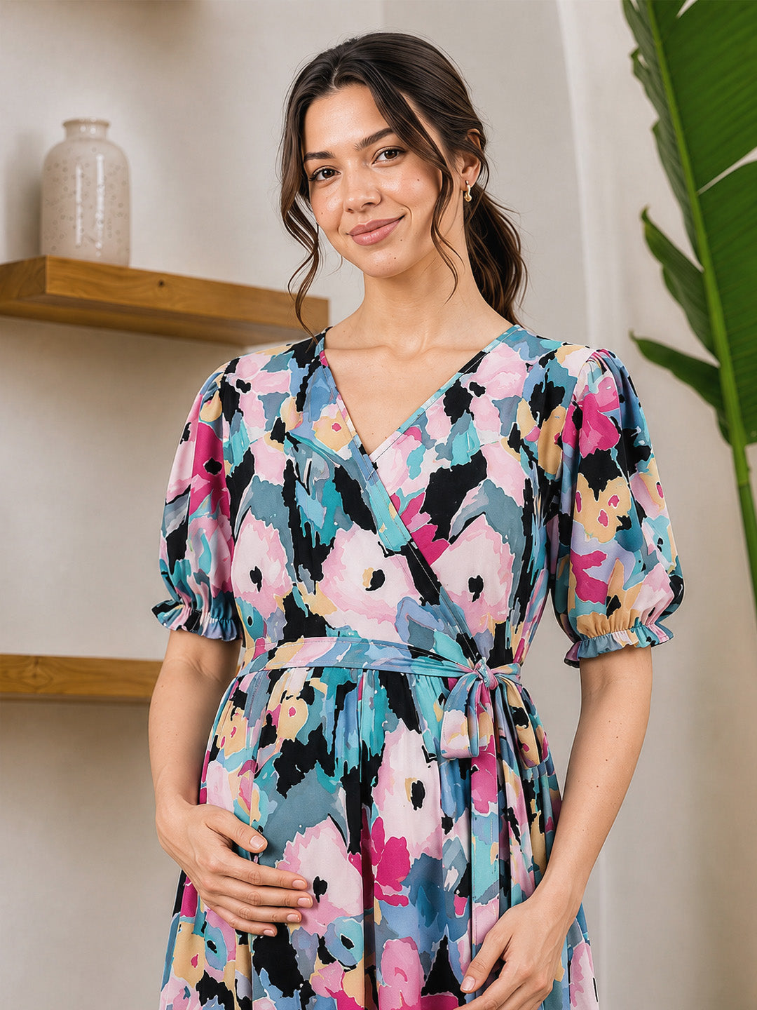 Floral Print Multi Rayon Maternity Wrap Dress