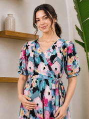 Floral Print Multi Rayon Maternity Wrap Dress