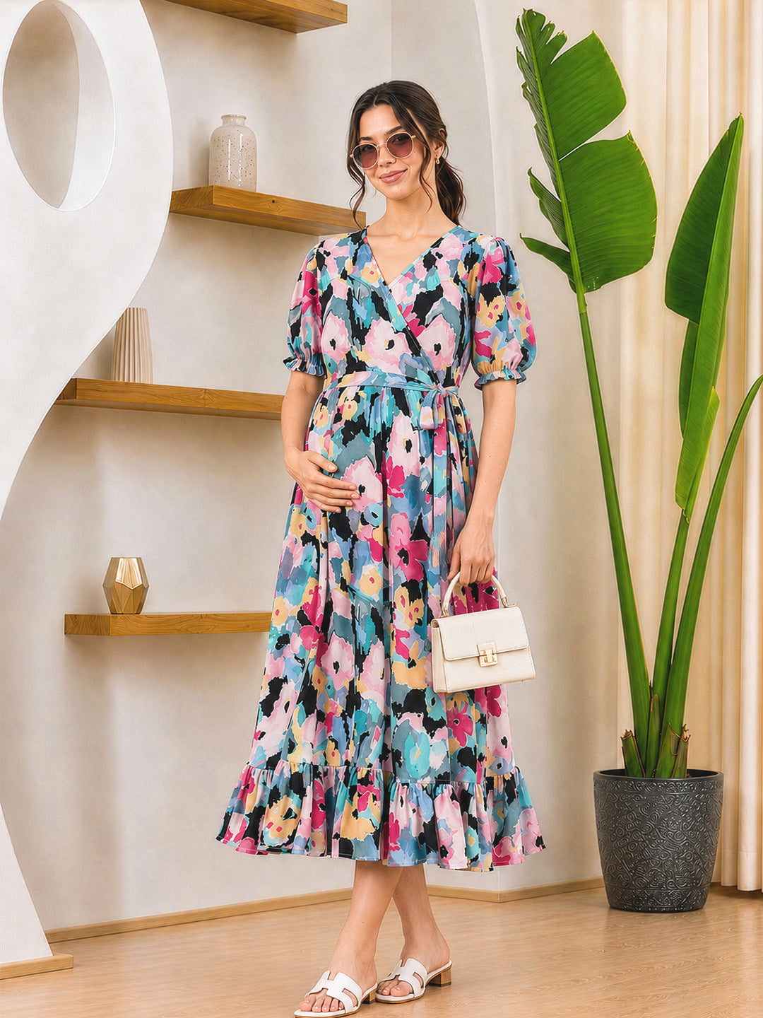 Floral Print Multi Rayon Maternity Wrap Dress
