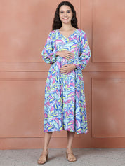 Secret Wish Blue Floral Rayon Maternity Dress Calf Length