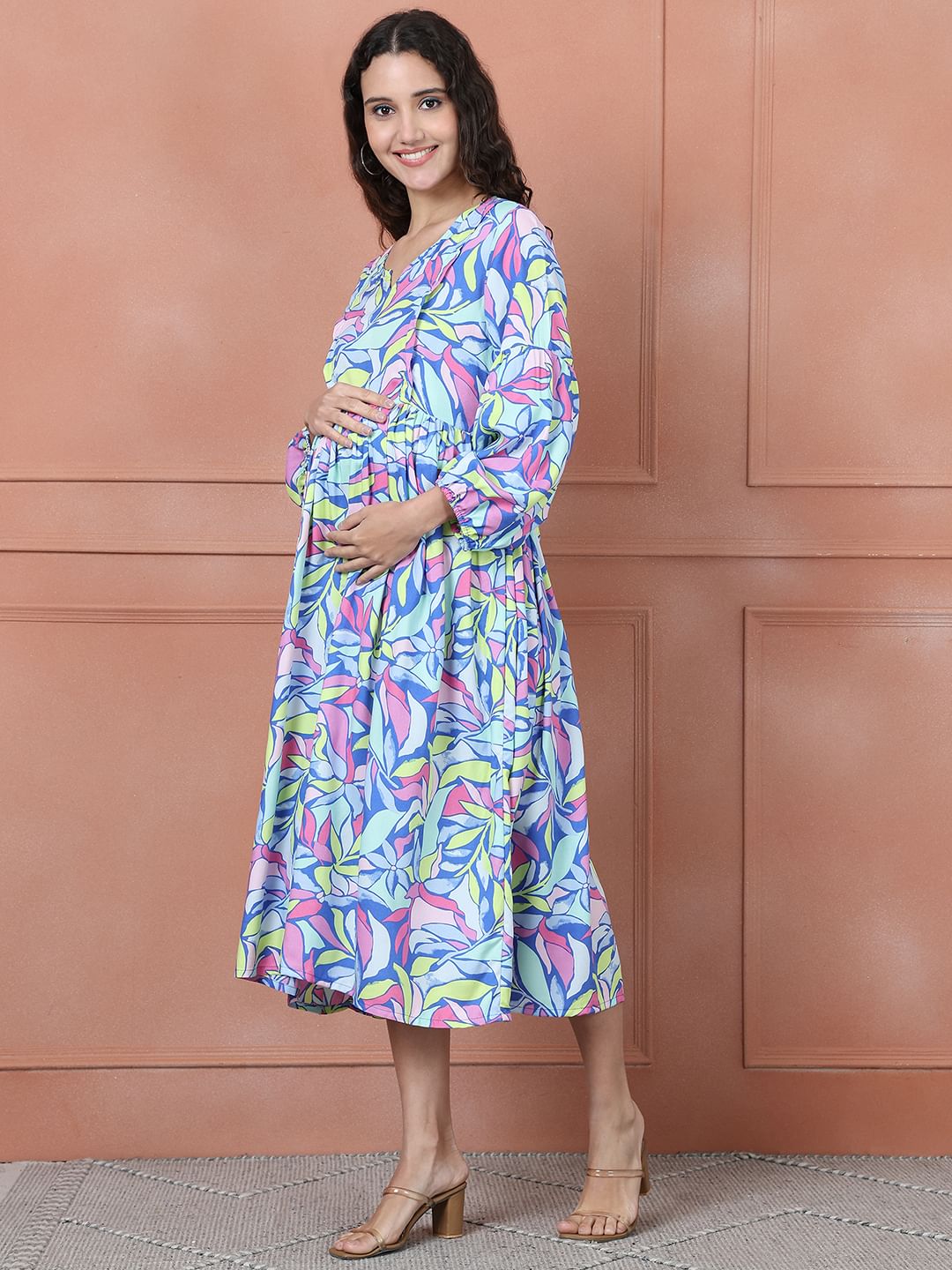 Secret Wish Blue Floral Rayon Maternity Dress Calf Length