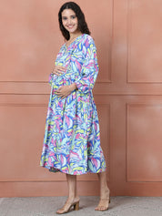 Secret Wish Blue Floral Rayon Maternity Dress Calf Length