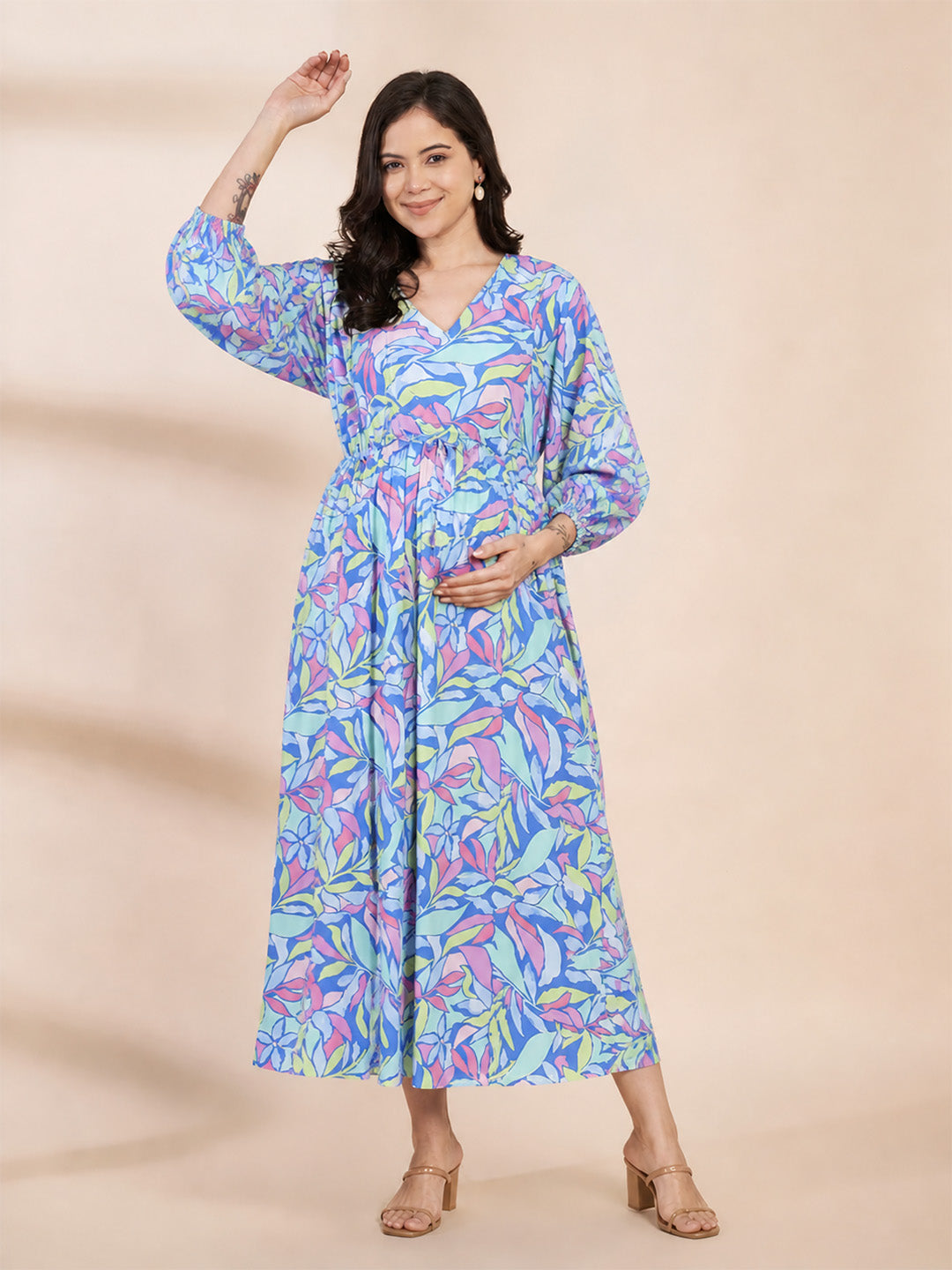 Blue Floral Rayon Maternity Dress Calf Length