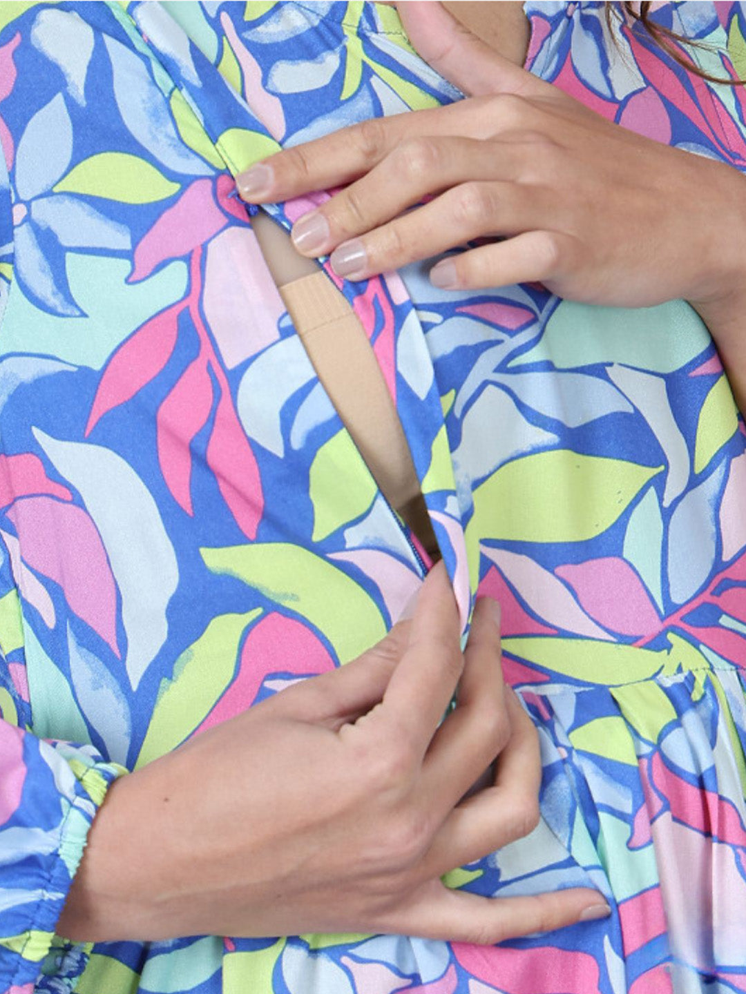 Blue Floral Rayon Maternity Dress Calf Length