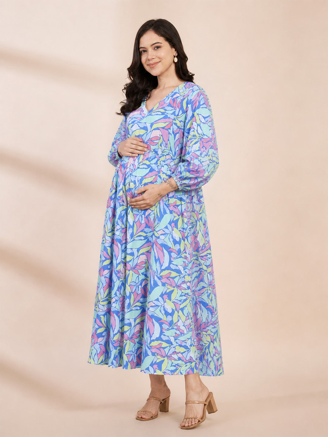 Blue Floral Rayon Maternity Dress Calf Length