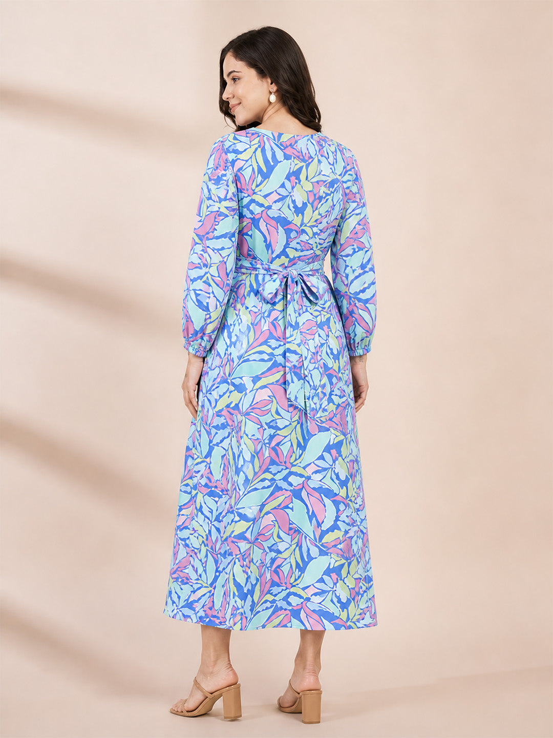 Blue Floral Rayon Maternity Dress Calf Length