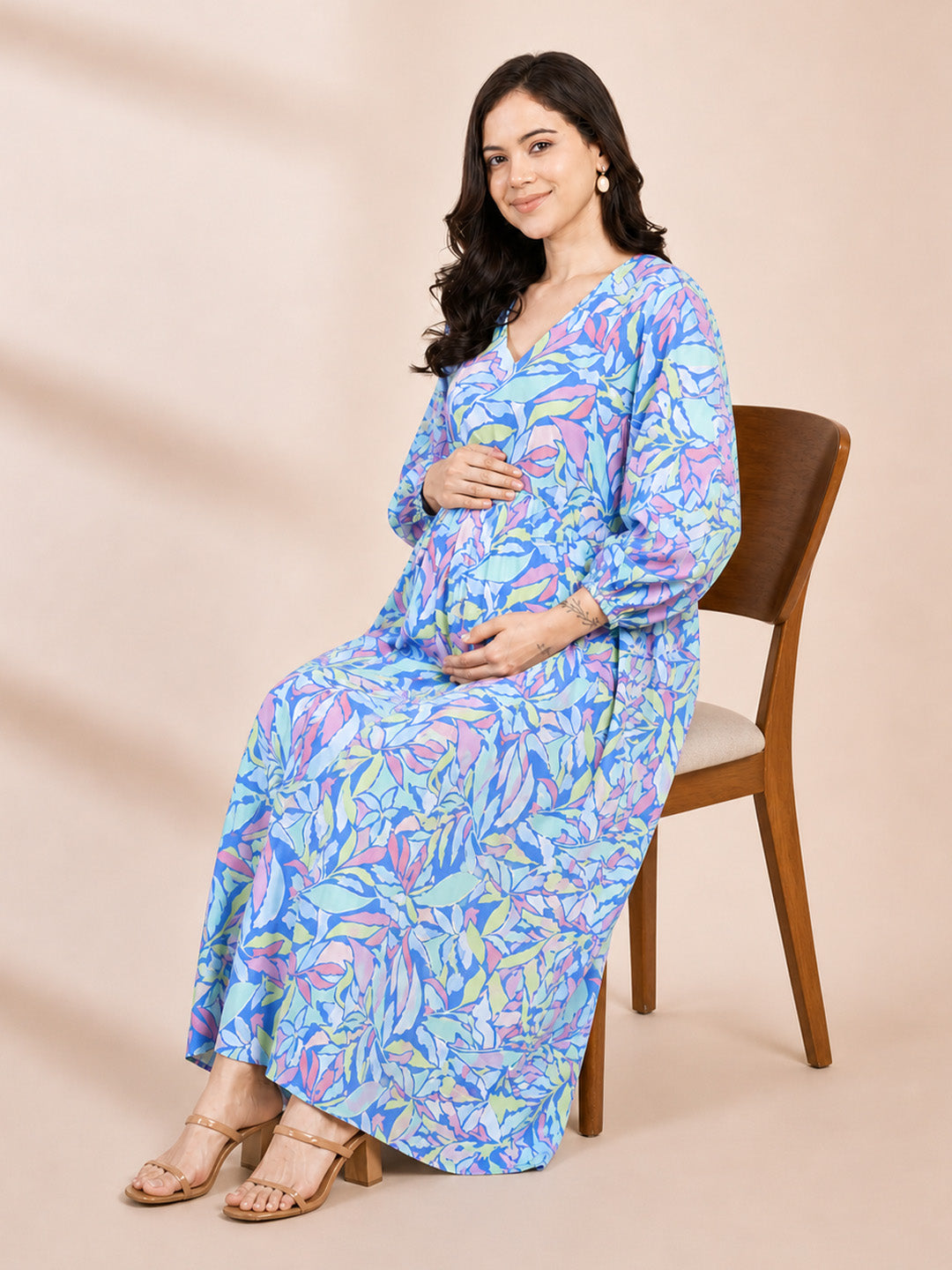 Blue Floral Rayon Maternity Dress Calf Length