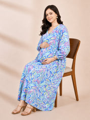 Blue Floral Rayon Maternity Dress Calf Length