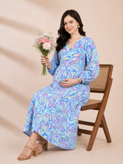Blue Floral Rayon Maternity Dress Calf Length