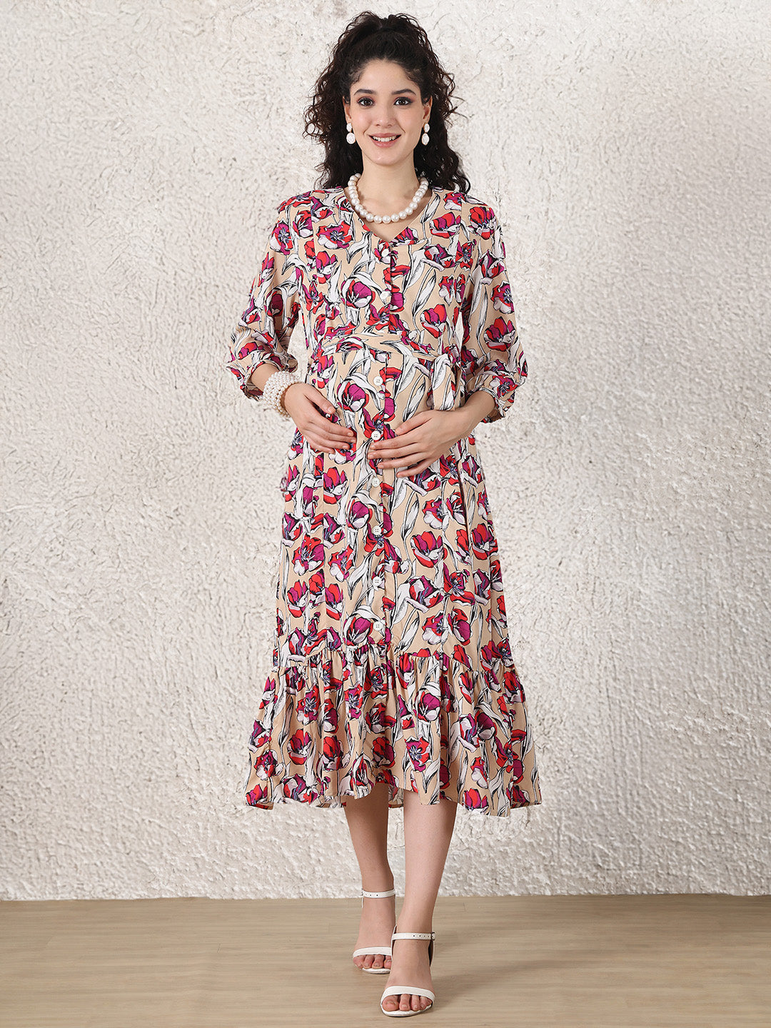 Beige Floral Rayon Maternity Dress