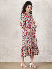 Beige Floral Rayon Maternity Dress