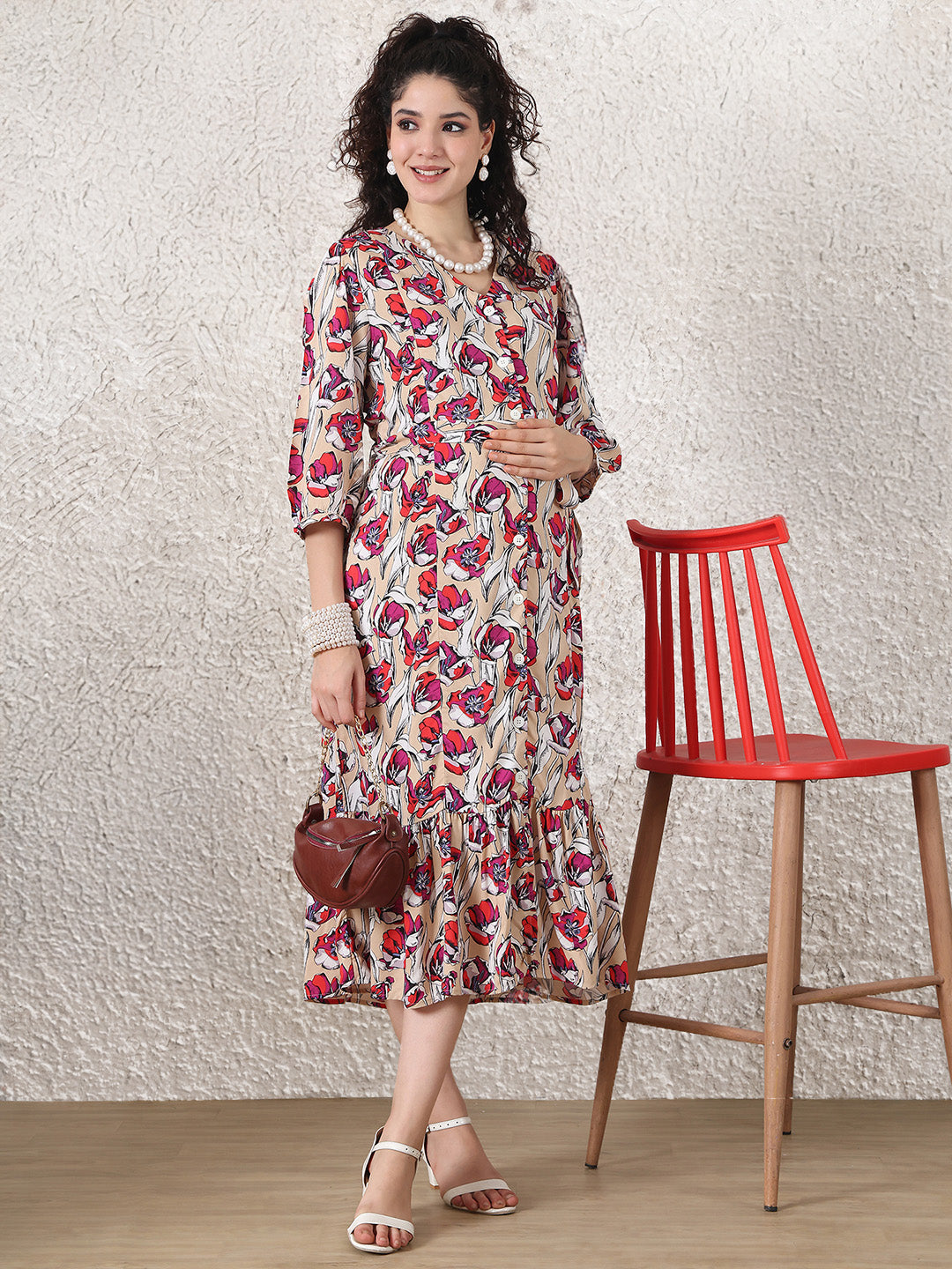 Beige Floral Rayon Maternity Dress